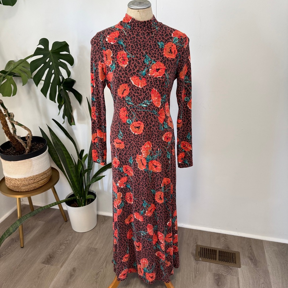 Free People Maxi Dress Womens Small Red Poppy Leopard Mock Neck Open Back Boho